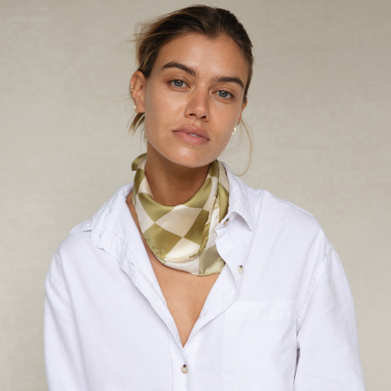 Bembien Alessia Scarf in Olive Check worn as a neck scarf